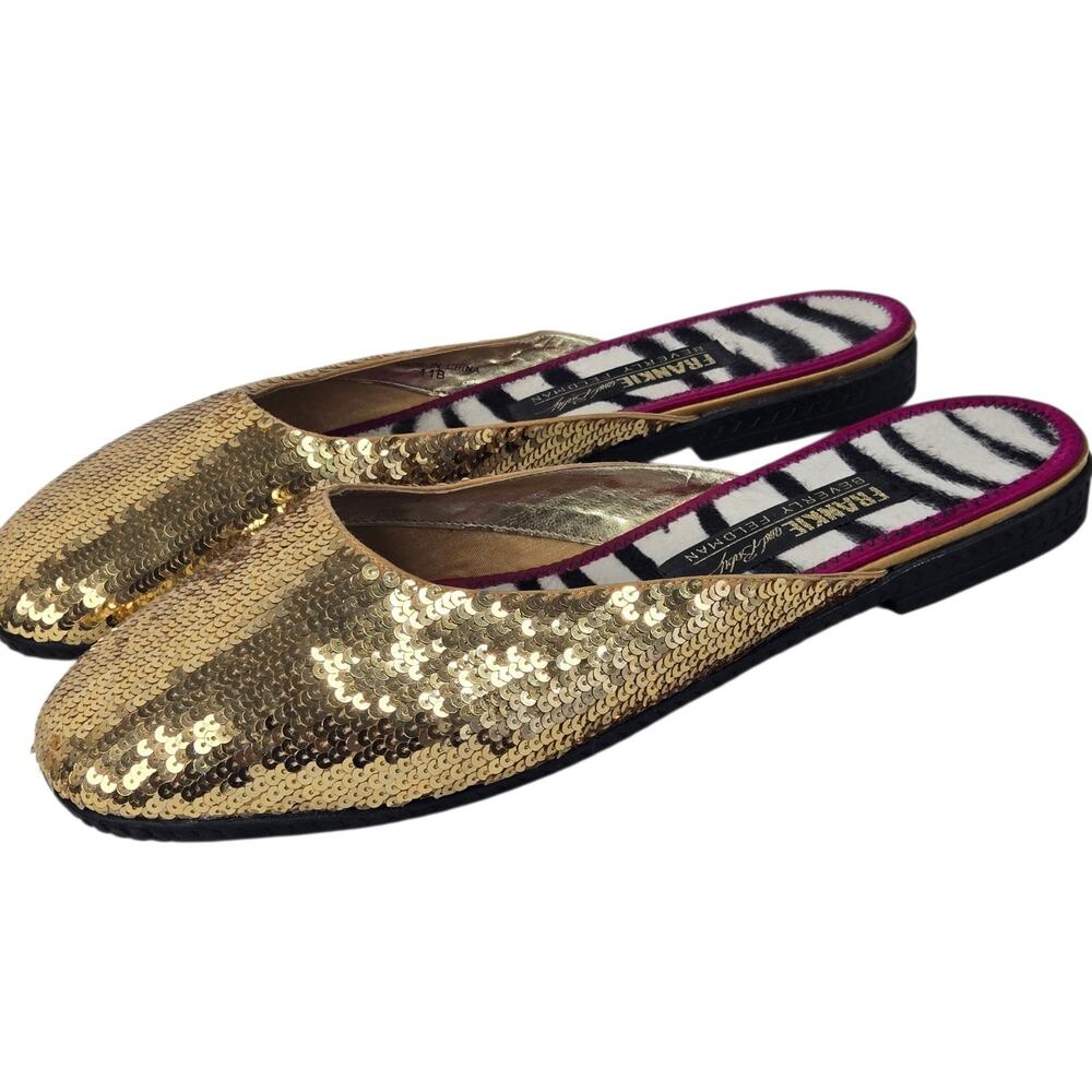 Beverly Feldman Frankie and Baby VTG Sequin Flats Mules Gold Slides Size 11B - Picture 4 of 10